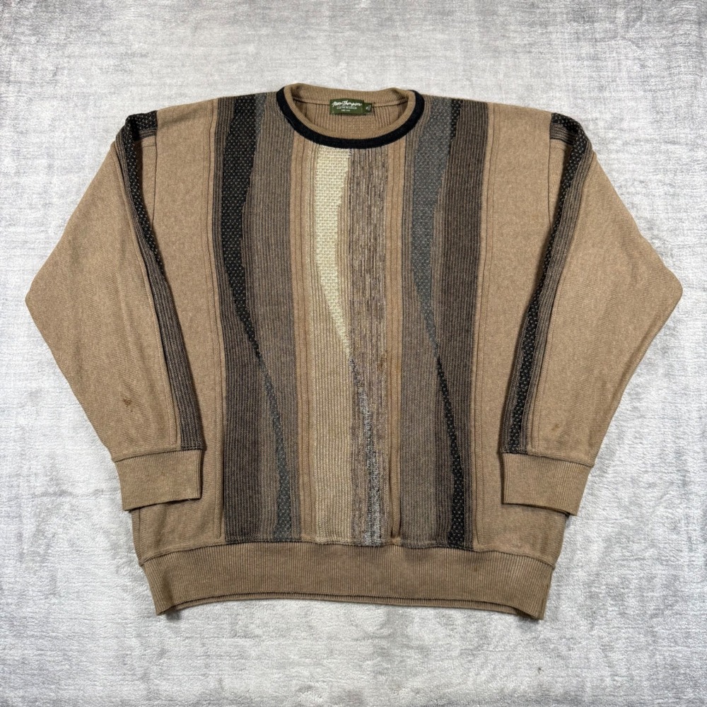 Norm Thompson Sweater Mens XL Brown Vintage 3D Knit Wavy Stripe Crewneck Preppy
